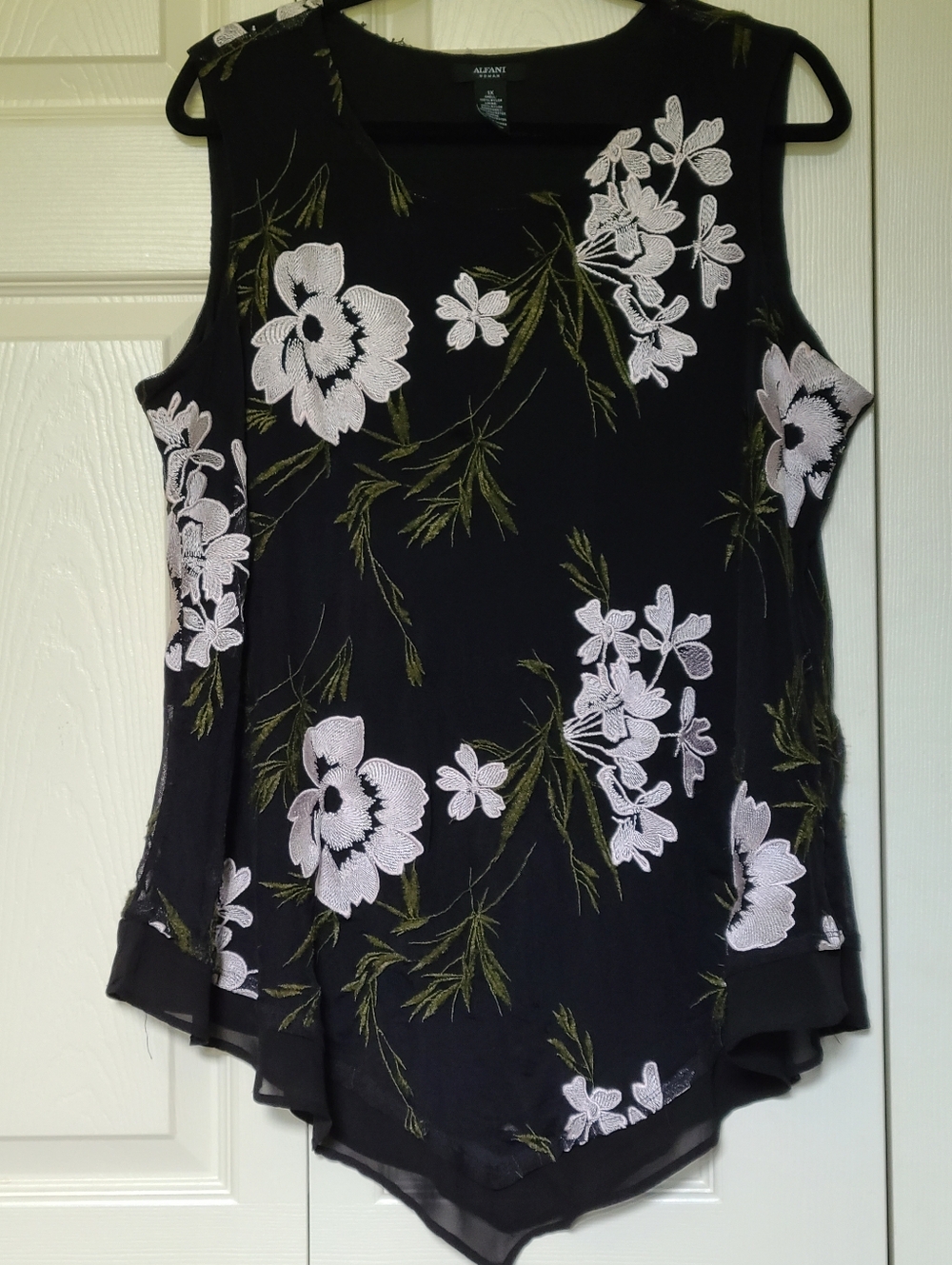 Alfani Black Floral Sleeveless Delicate Mesh Overlay w/ White & Olive Embroidery